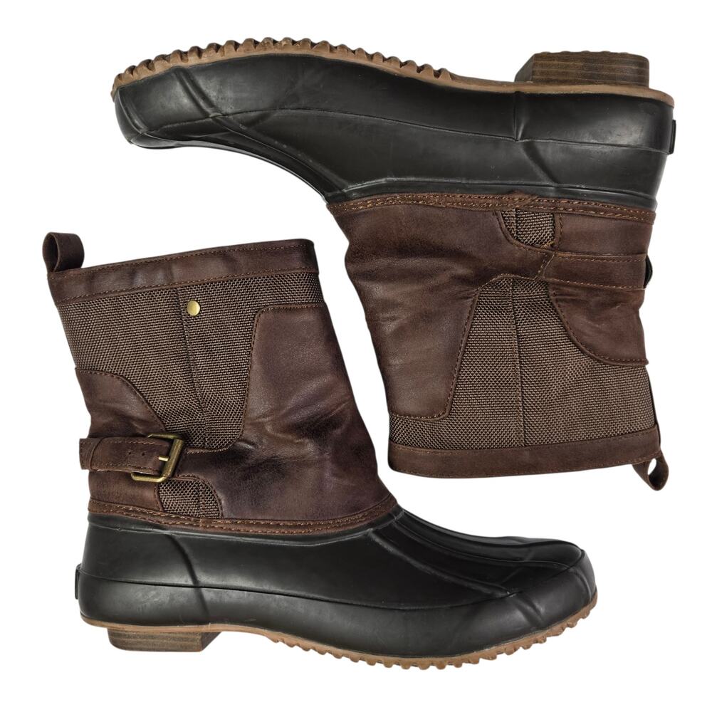 Lucky Brand Weendie Rain Boots Size 8 Faux Leather Rubber Brown Buckle Duck